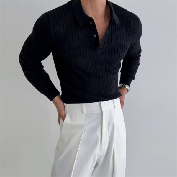 Men's Essential Ribbed Knit Polo – Modern Slim Fit Long Sleeve Sweater