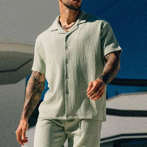 The Azure Resort Set: Men’s Textured Waffle-Knit Shirt & Shorts Co-Ord