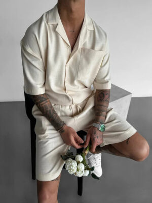 Coastal Elite Resort Set: Men’s Textured Short-Sleeve & Shorts Outfit