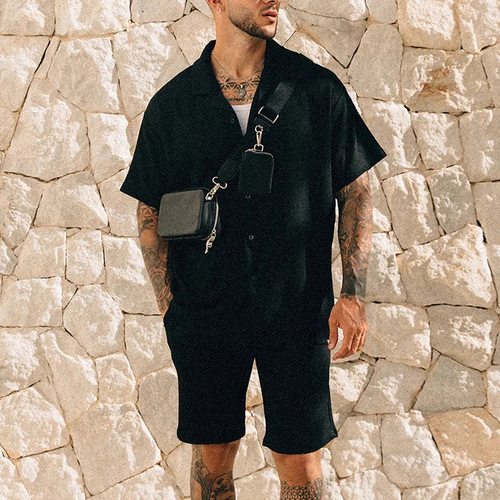 The Azure Resort Set: Men’s Textured Waffle-Knit Shirt & Shorts Co-Ord