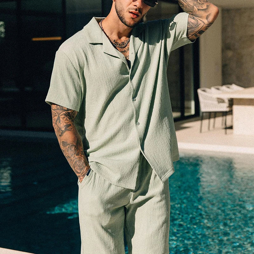 The Azure Resort Set: Men’s Textured Waffle-Knit Shirt & Shorts Co-Ord