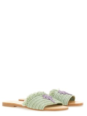 "Manebi Palm Tree Embroidered Raffia Slides - Sage Green"