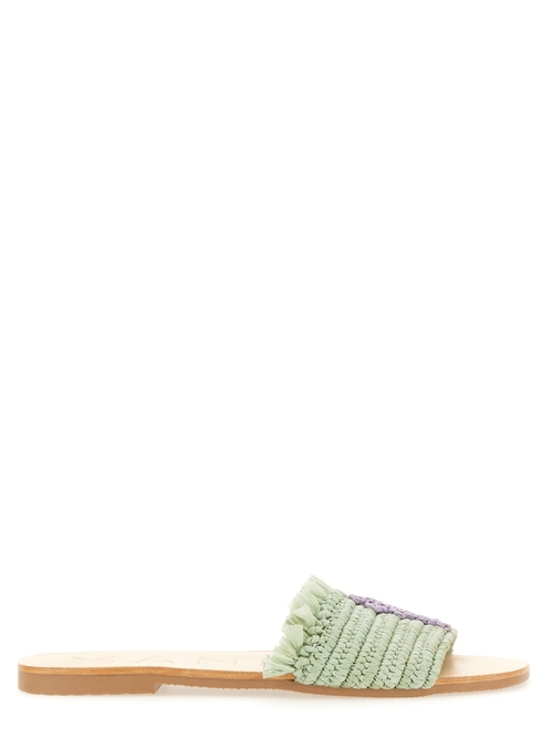 "Manebi Palm Tree Embroidered Raffia Slides - Sage Green"