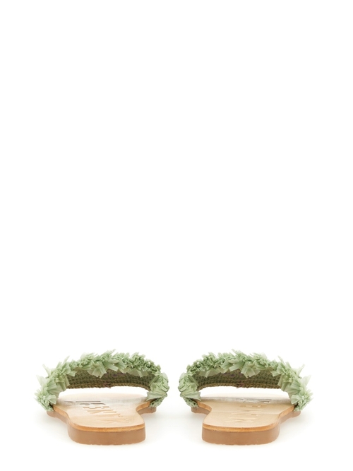 "Manebi Palm Tree Embroidered Raffia Slides - Sage Green"