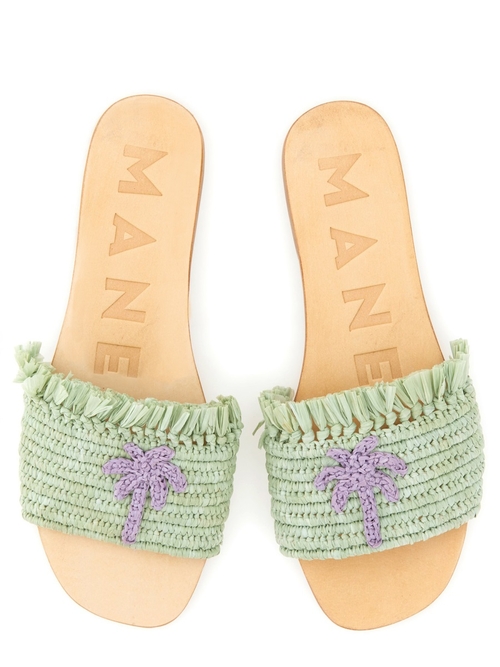 "Manebi Palm Tree Embroidered Raffia Slides - Sage Green"